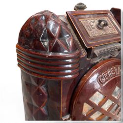 Deville & Cie of Charleville - early 20th century Art Deco cast iron and burgundy enamel 'Cristal' wood burning stove, hinged vent over lattice glazed door and ash drawer, on shaped geometric base, circa 1920