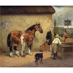 S Martin (British 19th/20th century): 'Settling the Bargain' and 'The Village Blacksmith', pair oils on canvas signed titled and dated 1906, 24cm x 29cm (2)