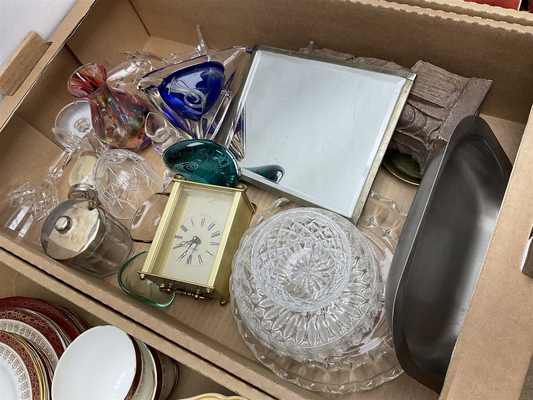 Five Goebel Hummel figures including Trumpet Boy, Max and Moritz and Soloist, Doulton Lambeth miniature tankard, Caithness Paisley Twist paperweight, Duchess Winchester tea and dinner wares and a collection of other ceramics and glassware, etc, in five boxes