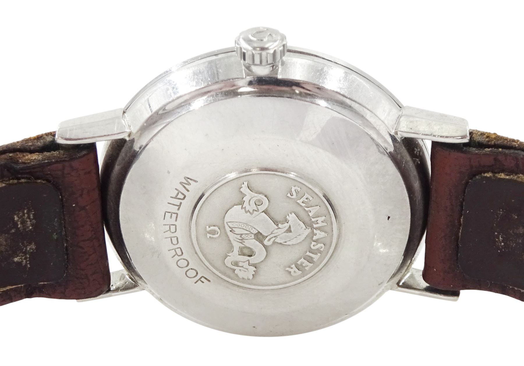 Omega Seamaster gentleman's stainless steel automatic wristwatch, silvered dial with baton and dagger hour markers, on brown leather strap, boxed