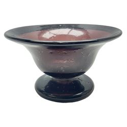 19th century hand blown amethyst glass bowl, the flared bell form bowl with folded rim raised upon circular spreading foot, with bubble inclusions throughout, D11.5cm