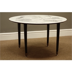  Mid 20th century circular coffee table with musical instrument decorated top, on tapered supports, D76cm  