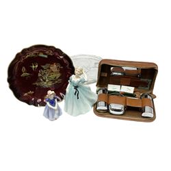 Carltonware Rouge Royal plate, Royal Doulton figures comprising 'Ivy' and 'Celeste', tan leather cased gents grooming set and a glass plate