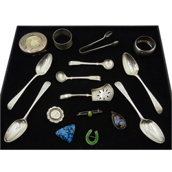  George III silver tea caddy spoon by John Thornton, Birmingham 1814, two mustard spoons by John Lawrence & Co, Birmingham 1817, Georgian and later spoons etc, silver and enamel horseshoe brooch, silver butterfly wing pendant, both stamped and other jewellery  