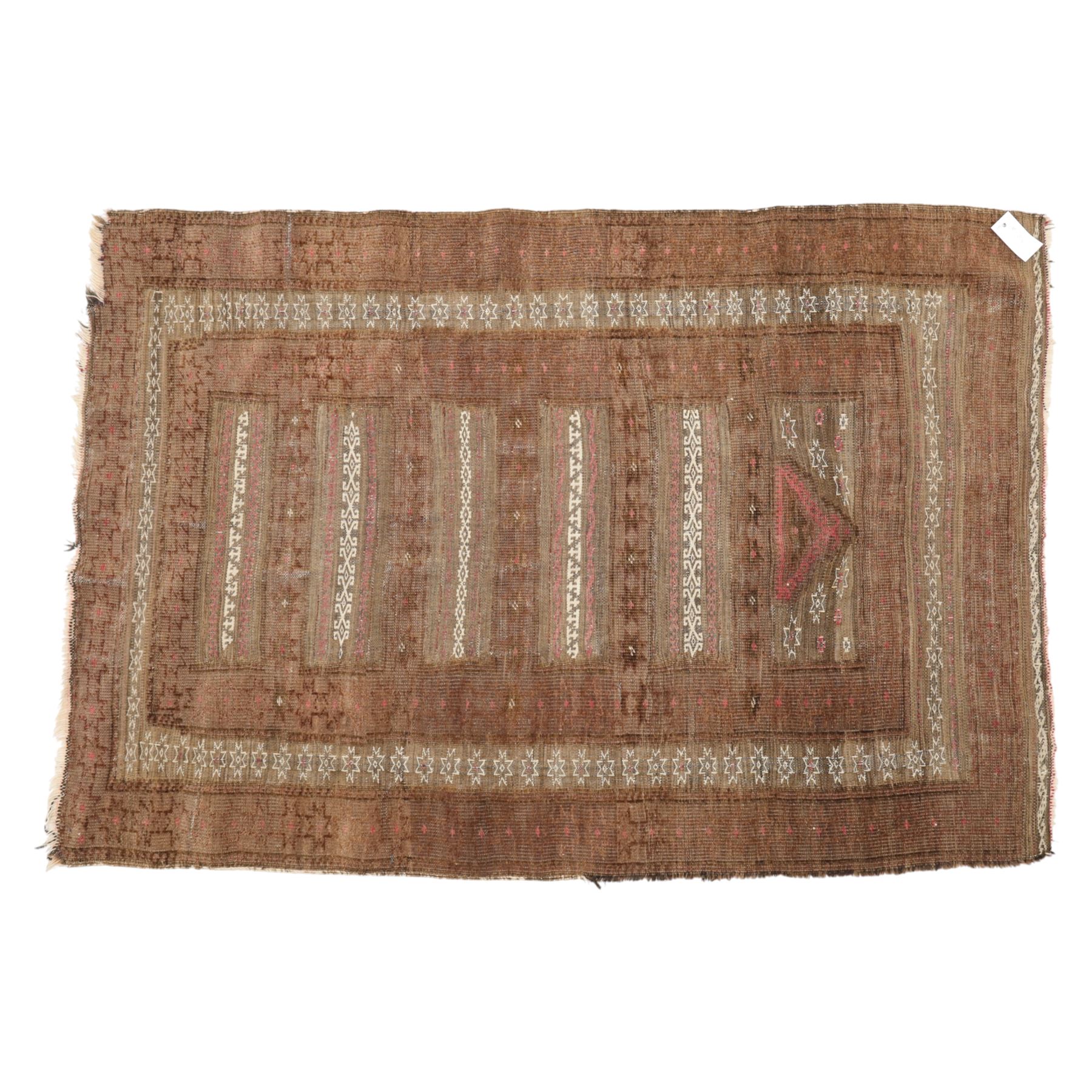 Tekke Turkman rug, madder red field decorated with repeating rows of octagonal guls, framed by multiple geometric borders, 86x133cm and an Anatolian flatweave kilim, 95x140cm, (2)