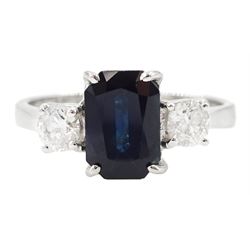18ct white gold three stone octagonal cut sapphire and round brilliant cut diamond ring, hallmarked, sapphire approx 2.50 carat, total diamond weight approx 0.25 carat