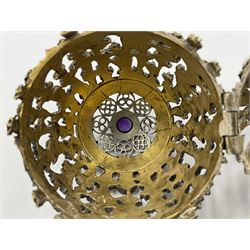 Modern silver limited edition Easter egg, no. 70/500, the gilt openwork body decorated with cascading bluebells and hinged cover with pierced circular panel set with a single faceted purple stone, opening to reveal a gilt interior, upon silver stand with three scrolling pad feet, each hallmarked St James House Company, London 1981, height including stand 8cm