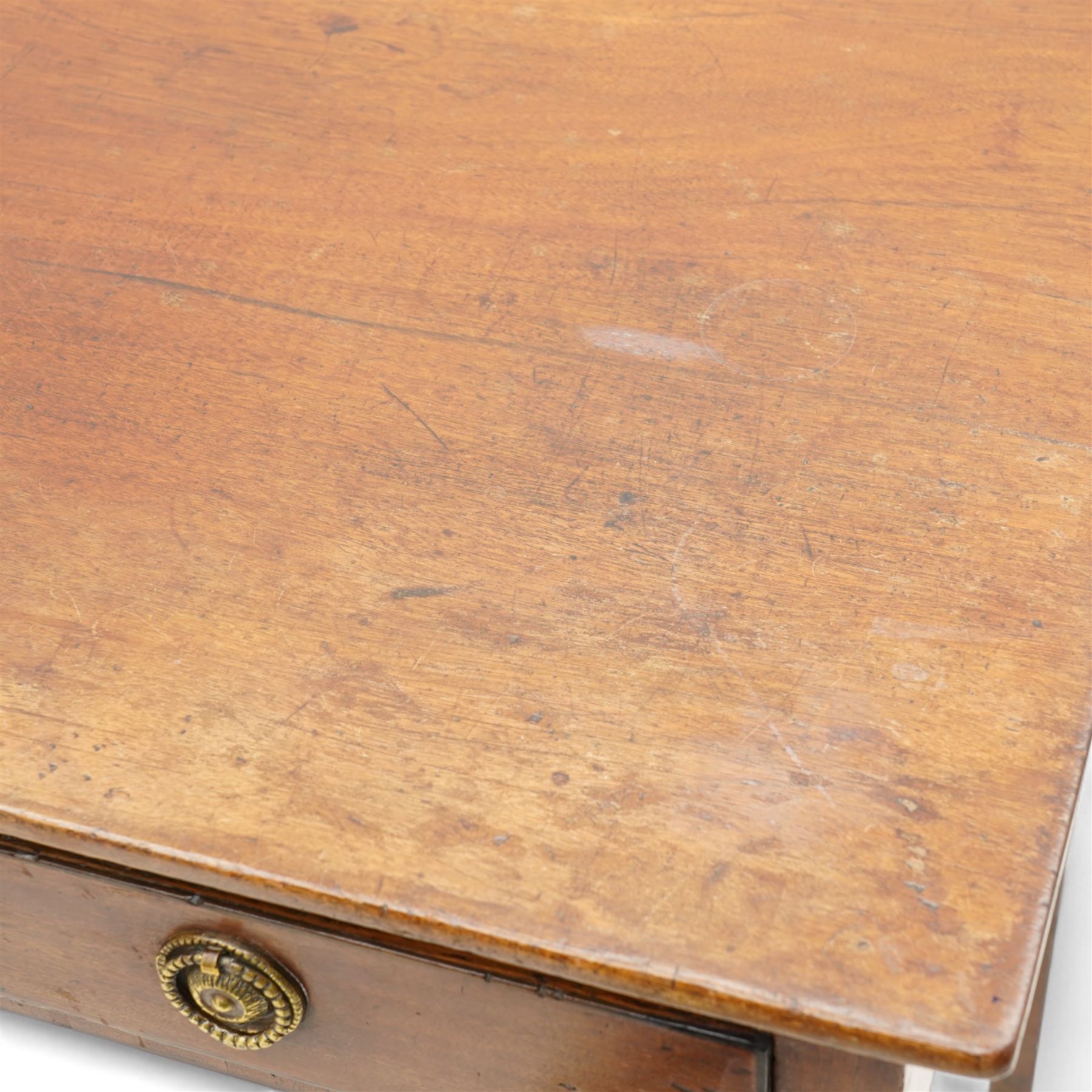 George III mahogany side table, rectangular top over single drawer, fitted with brass ring handles and pressed circular plates, on square tapering supports