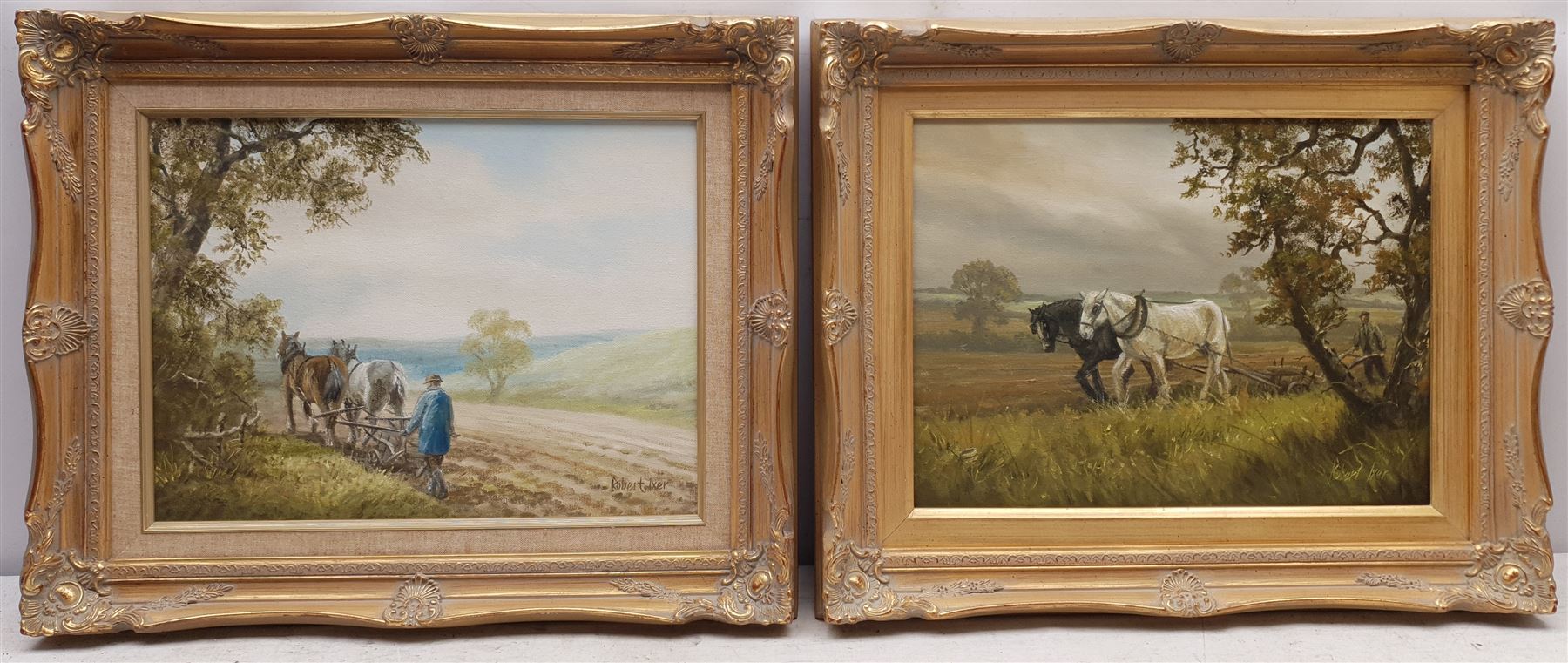 Robert Ixer (British 1941-): Heavy Horses Ploughing, pair oils on canvas signed 30cm x 40cm (2)