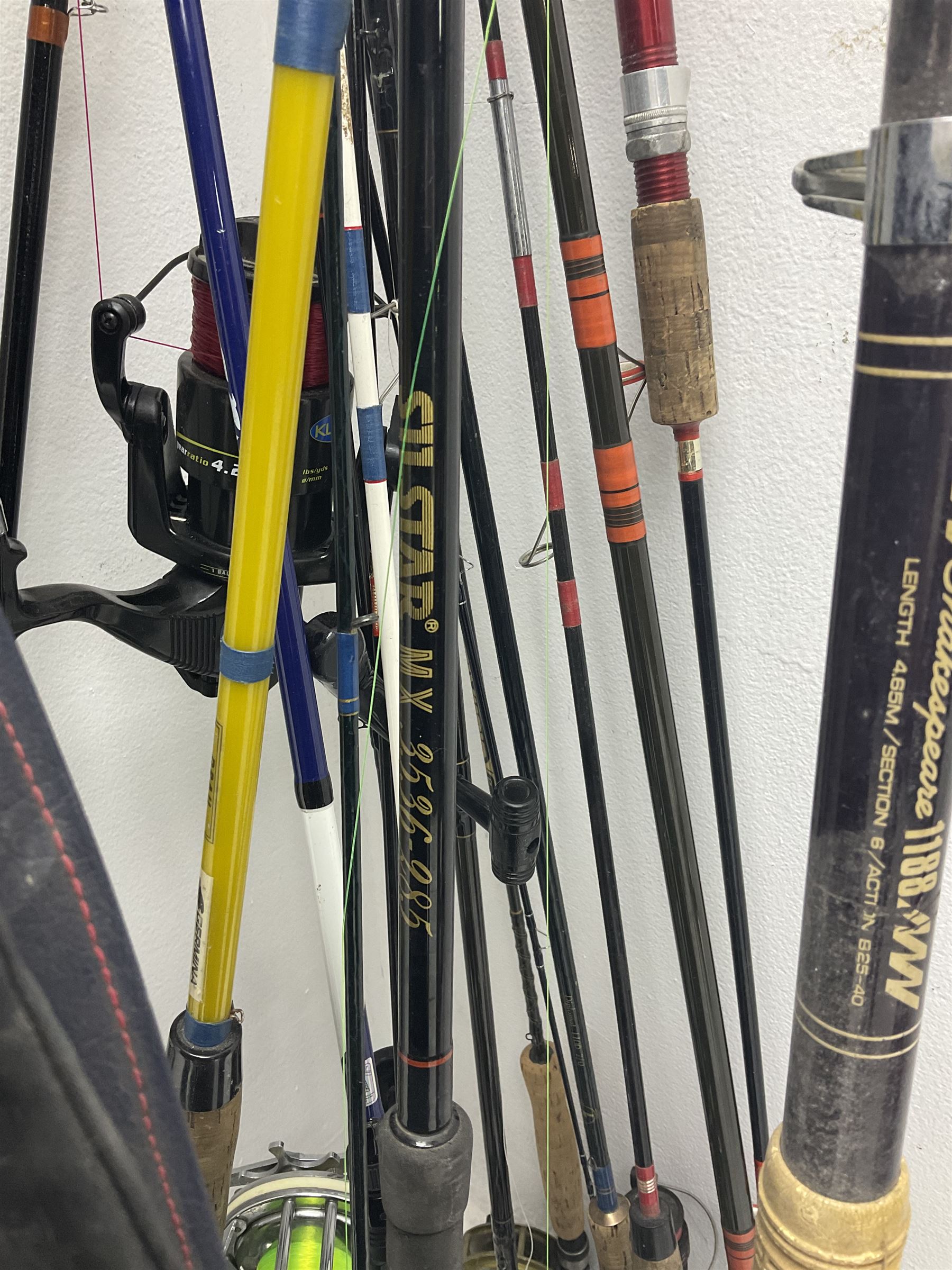 Large collection of part fishing rods and reels, maker's including Silstar, Dynabraid and Madfish, etc 