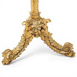 Louis XVI design giltwood torchère stand, the circular dish top with moulded rim above a naturalistic branch form stem, raised on a triform base with acanthus carved scrolling feet