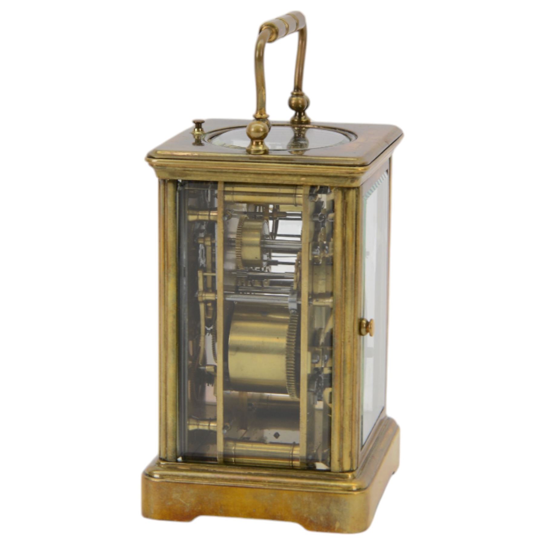 French - Early Edwardian corniche cased 8-day carriage clock, decorative enamel dial with floral garlands, Arabic numerals, minute markers, steel moon hands and conforming alarm setting dial, four rectangular glass panels and an oval viewing glass to the top, with a silvered lever platform escapement and 
timing screws to the jewelled balance, twin train rack striking movement with repeat, sounding the hours, half hours and alarm on a coiled gong.  Original traveling case with viewing glass and key.