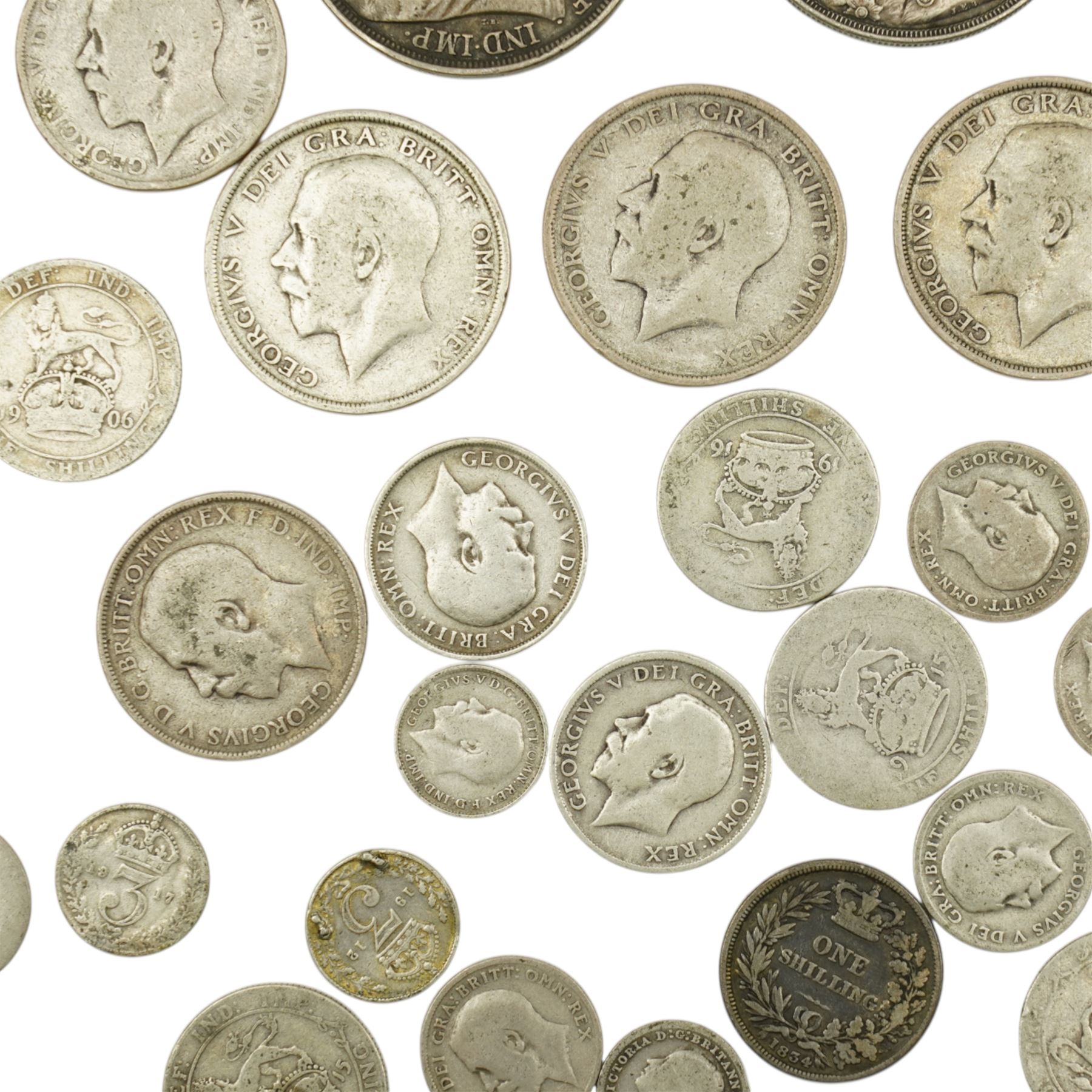 Two Queen Victoria silver crown coins, 1887 and 1897, George IIII silver 1834 one shilling coin, and approximately 150 grams of further pre-1920 silver coins