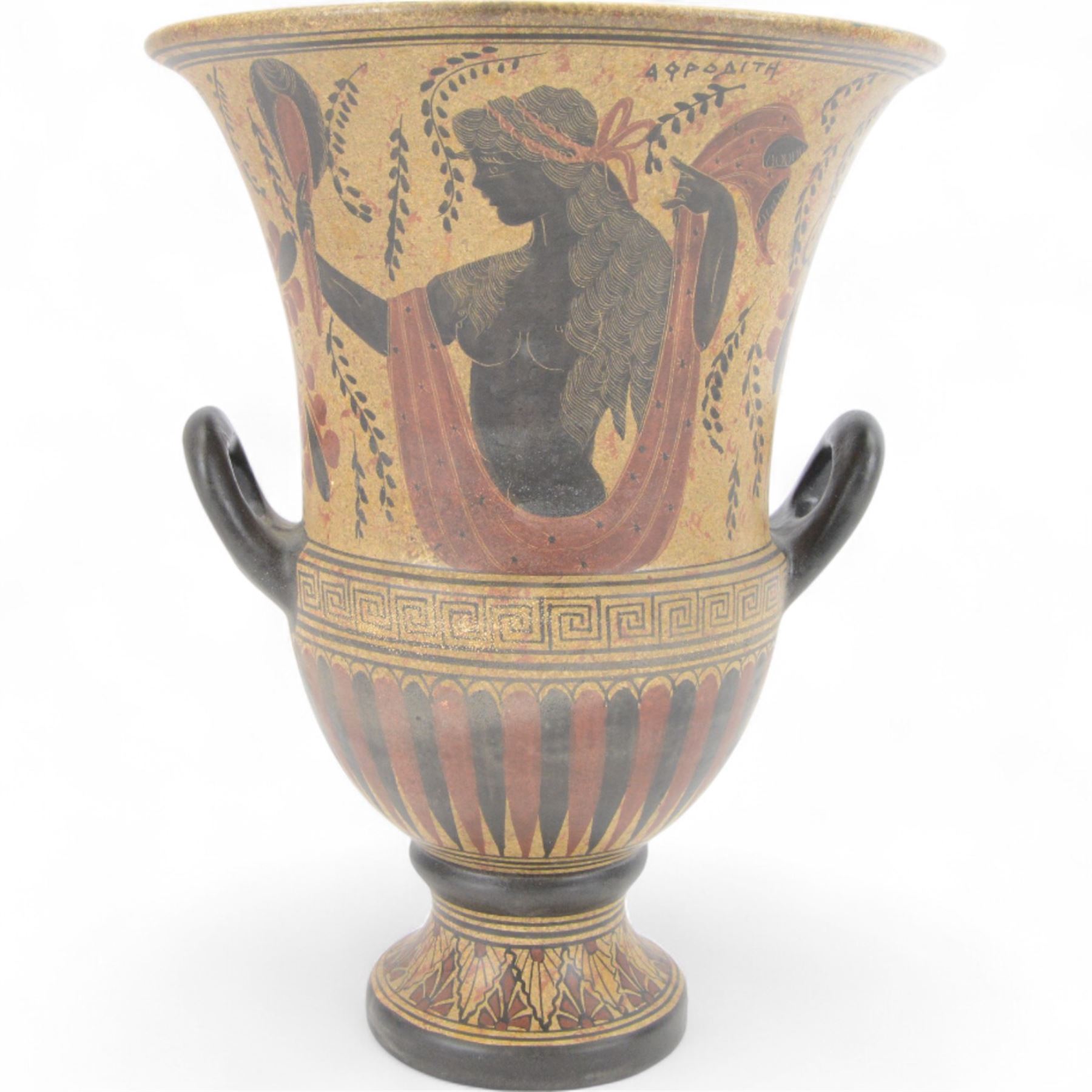 20th century Grecian urn, with twin handles and fluted rim, marked beneath 'Copy 520 BC' handmade in Greece, H31cm