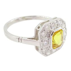 Platinum milgrain set octagonal cut yellow sapphire round brilliant cut diamond cluster ring, stamped Plat, sapphire approx 0.90 carat, total diamond weight approx 0.35 carat