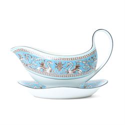 Extensive Wedgwood Turquoise Florentine part service tea, dinner and coffee service for six covers comprising six dinner plates, six dessert plates, six soup bowls and stands, pair of vegetable dishes and covers, gravy boat ad stand, oval meat plates, six tea cups and saucers, six coffee cans and saucers, six tea plates, teapot, coffee pot, sucrier and cover, sugar bowl, milk and cream jugs and cake plate, 72 pieces