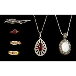 Edwardian 9ct gold paste stone set navette shaped ring, Birmingham 1905, red paste stone set ring, stamped 9ct, gold stone set ring, hallmarked 15ct, silver mother of pearl and marcasite pendant necklace, Scandinavian silver flower brooch and one other silver pendant necklace 