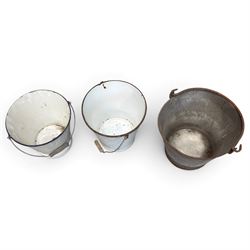 Collection of three ribbed galvanised dolly tubs with chevron detail, one retaining ‘The Popular Tub’ label, together with two white enamel buckets and a galvanised bucket, each with swing handle, max W46cm H53cm