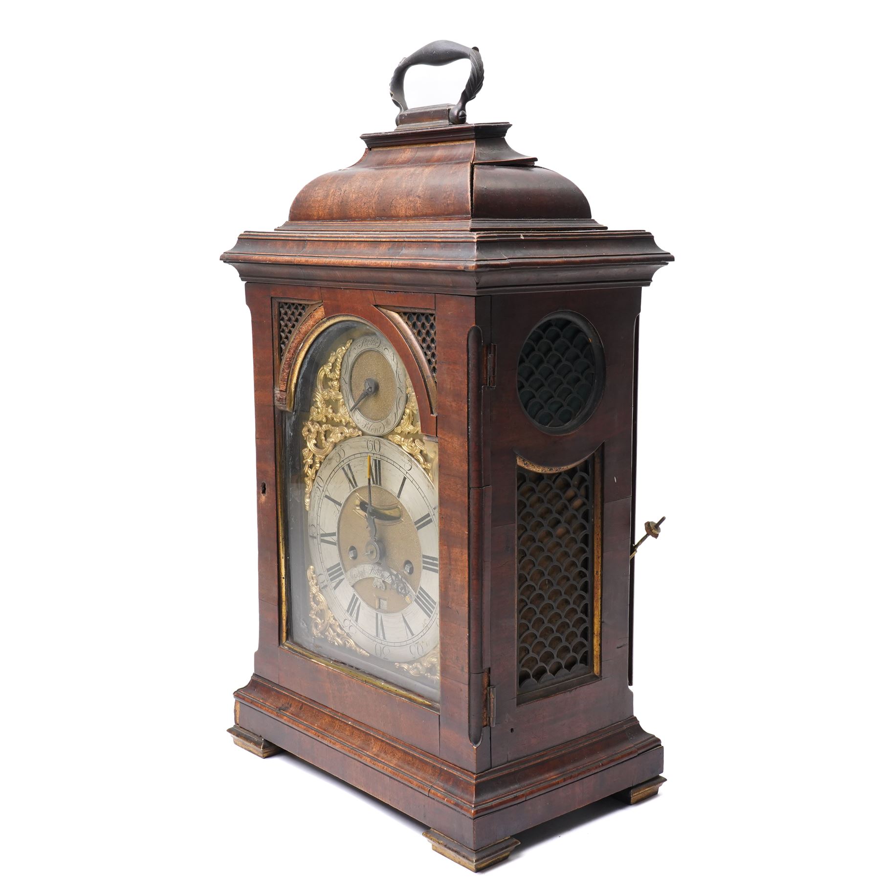 18th century twin fusee bracket clock with recoil anchor escapement the steel and brass dial inscribed Joseph Lake, London with strike silent ring and ormolu spandrels, engraved back plate in caddy top walnut case H47cm