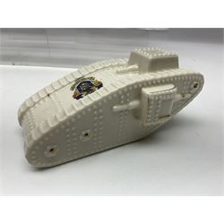 Ten WW1 crested china military models of tanks and field guns; various makers including Goss, Grafton China, Arcadian China, Savoy China etc; various crests including Portsmouth, Brighton, Pendleton, Paignton, Cowes, Flamborough etc (10)