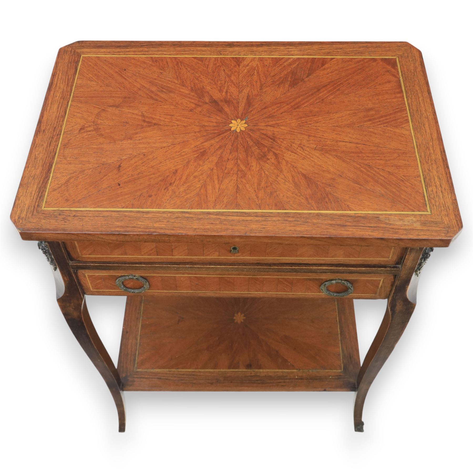 20th century French kingswood inlaid worktable, hinged top with divided compartment, above a single frieze drawer with brass pulls, gilt mounted tapered supports united by and undertier
