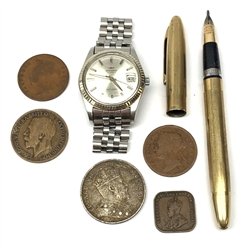 Gentleman's stainless steel Mondia wristwatch, Sheaffer gold-plated fountain pen with 14k nib, King Edward VII straits settlements 1909 1 dollar coin and other coins