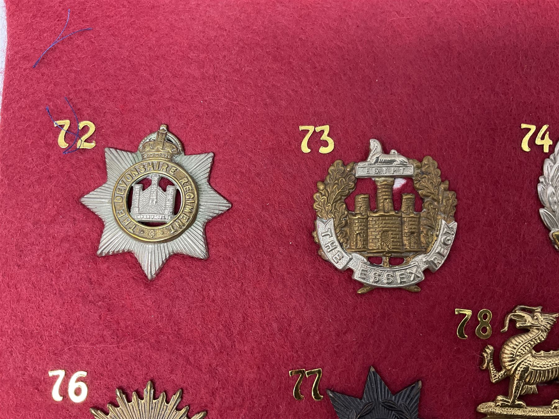 Twenty-two glengarry and cap badges including Argyll & Sutherland, Devonshire, Essex, Hampshire, Royal Berkshire, Northamptonshire, Long Range Desert Group, Royal Corps of Signals, Norfolk, Dorsetshire, East Lancashire etc; mounted on a board for display