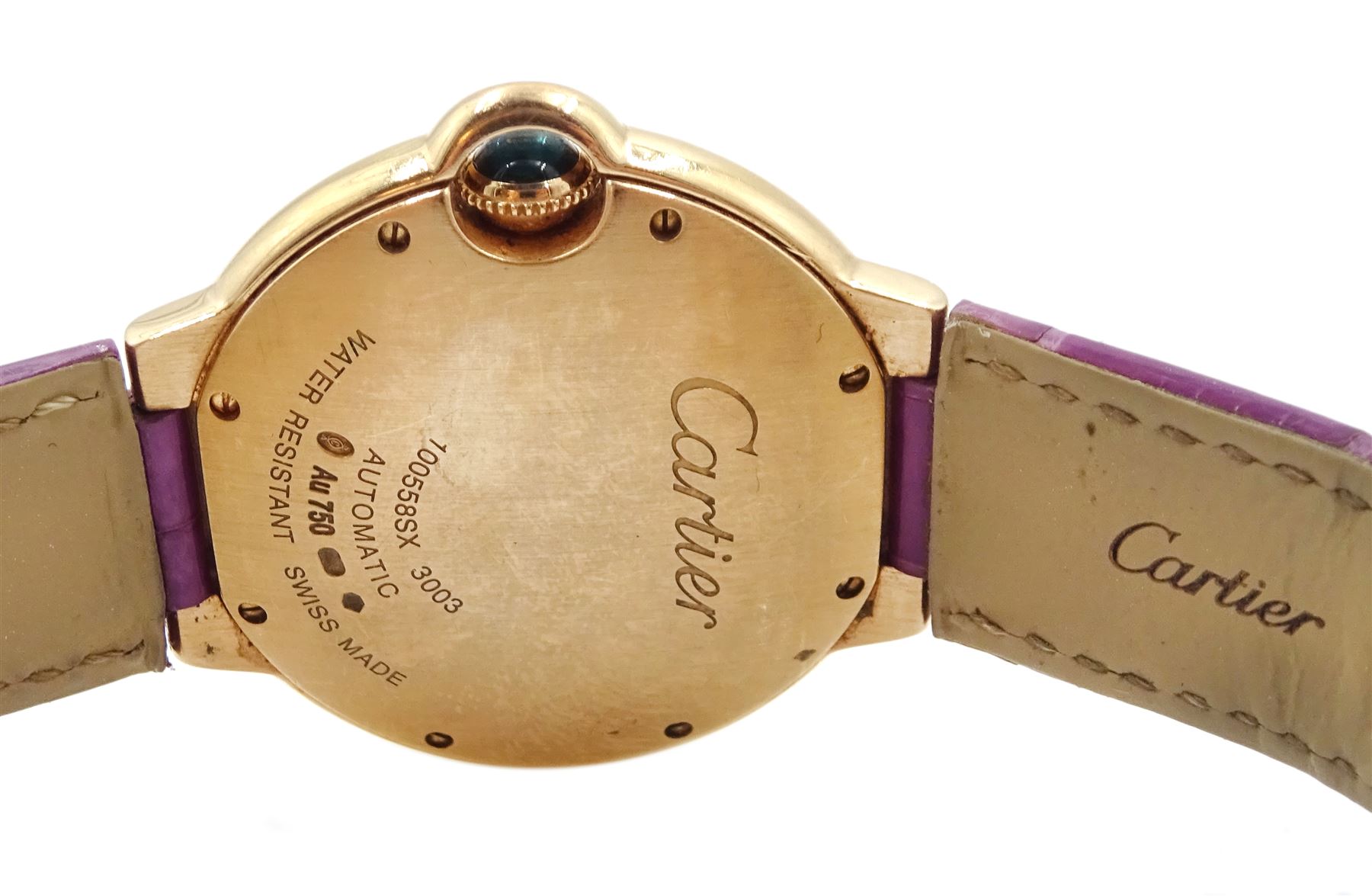 Cartier Ballon Bleu ladies 18ct rose gold automatic wristwatch, Ref. 3003, serial No. 100558SX, silvered guilloche enamel dial with Roman numerals and secret signature at 7, on original purple leather strap with 18ct gold Cartier buckle