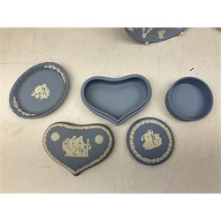 Wedgwood pale blue Jasperware, to include a pair of tulip vases, large vase with fluted rim, trinket dishes, trinket box etc, together with Wedgwood miniature hanging decoration in the form of a tea set 