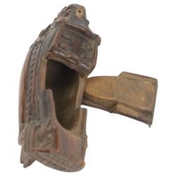 19th century treen snuff box in the form of a ship, with carved detail including windows and mythical figures, L15cm, H6cm