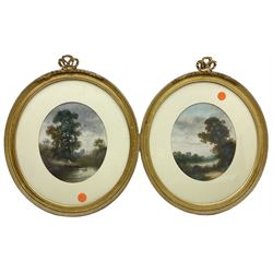 English School (early 20th century): Rural Landscape with Castle in Background, pair oval gouaches indistinctly signed, housed in gilt oval frames 24cm x 20cm (2)