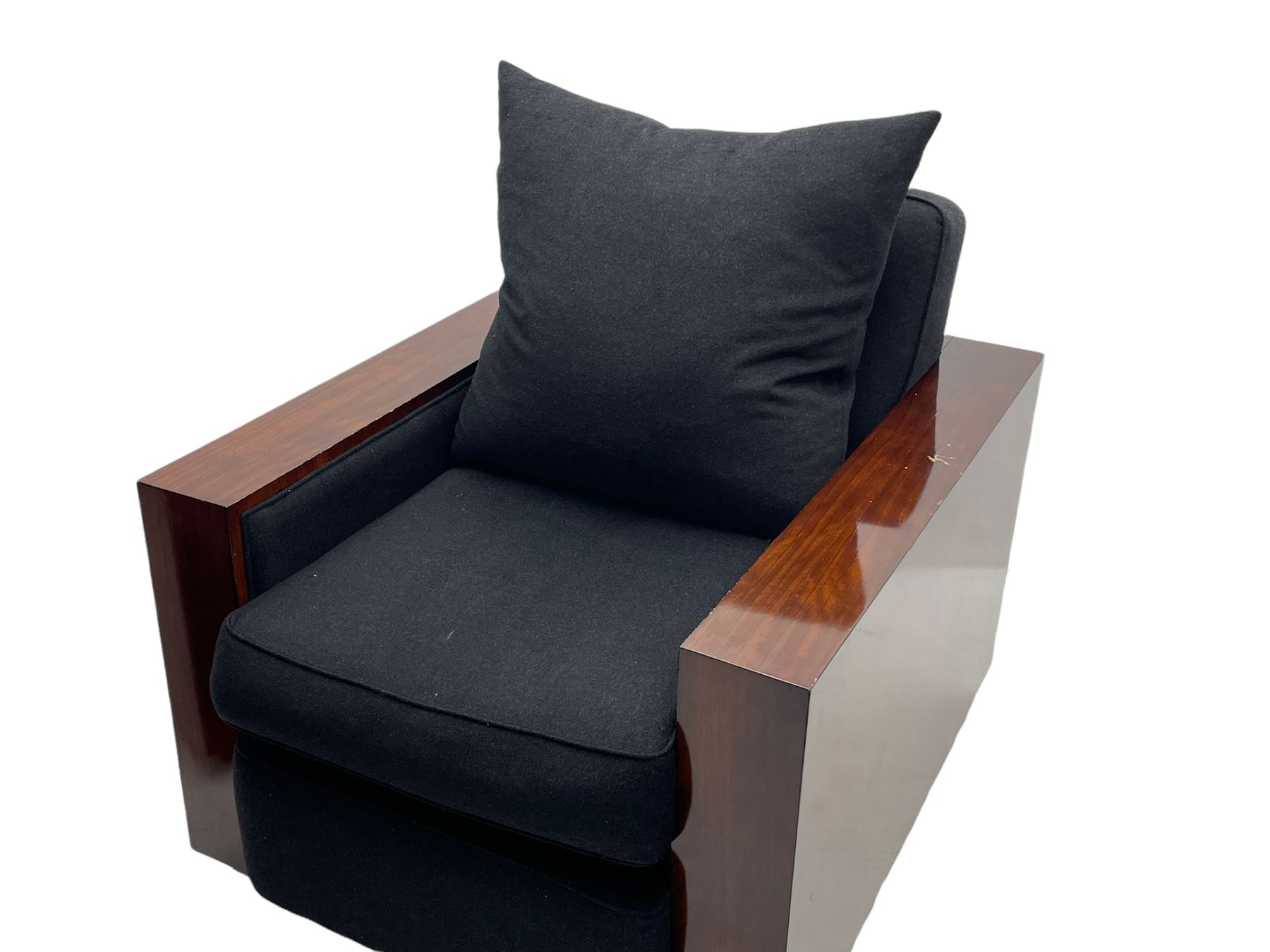 Ralph Lauren - pair 'Metropolis' Art Deco design club armchairs, rosewood finish box frame, upholstered in black fabric