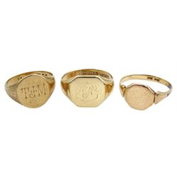 Three 9ct gold signet rings, stamped or hallmarked 