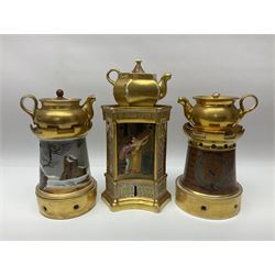 Three 19th century continental teapots and warmers, the first teapot upon a hexagonal warming base, painted with figures in period dress, the second pained with Neapolitan and the third decorated with landscapes, largest H28cm 