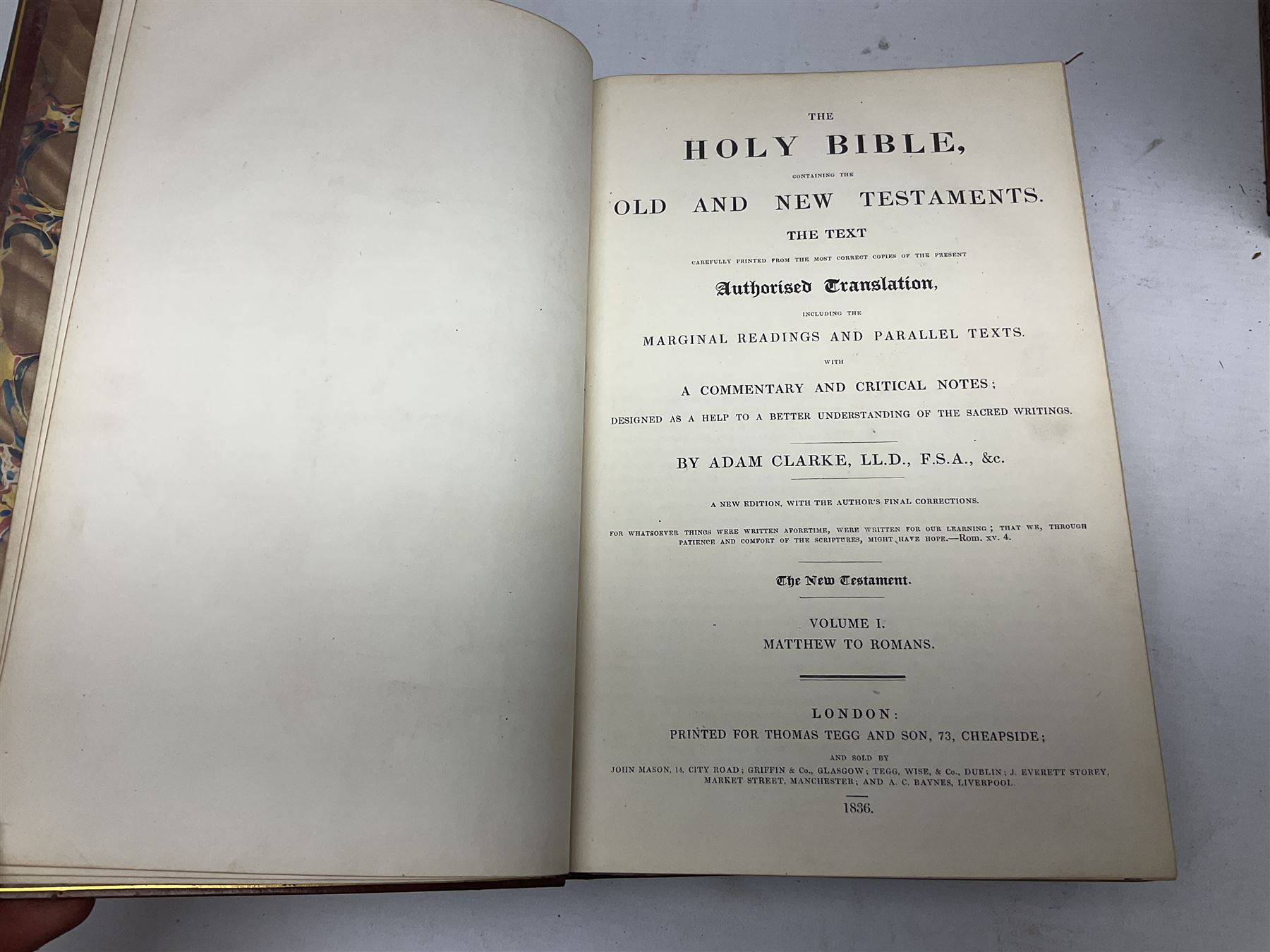 19th century and later leather bound books, to include Froissart, Sir John; Chronicles of England, France, Spain, Portugal, Scotland... two volumes London, 1812, Lyttleton, George: The History of England... two volumes London 1806, Clarke Adams; The Holy Bible, in six volumes, London 1836 and five other books 