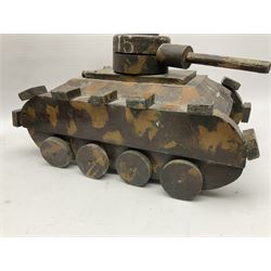 1940s French wooden eight wheel model FFI free tank, painted in brown camouflage, together with a 1940s wooden scratch built model of a landing craft, tank H18cm, W31cm