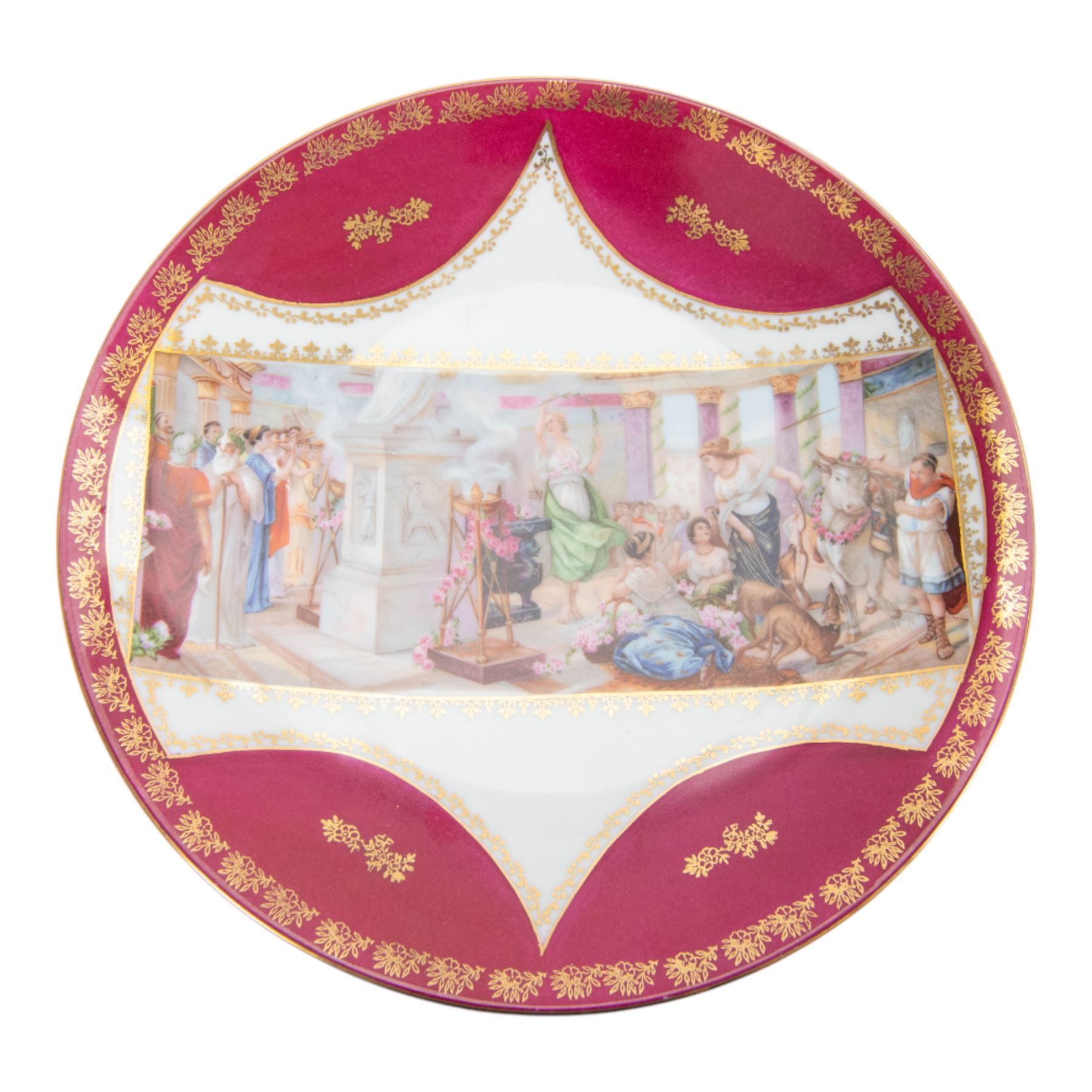  20th century Royal Vienna-style part tea service, comprising eight cups and saucers, ten dessert plates, one cake plate, milk jug and sugar bowl