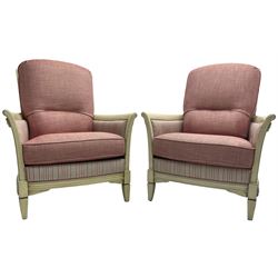 Pair of contemporary hardwood framed armchairs, cream painted moulded frame, upholstered in pink and grey striped fabric with pink herringbone upholstered loose cushions