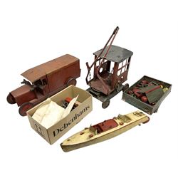 Hornby Racer 3 speedboat L45cm; pre-war Tri-ang sheet steel lorry and mobile crane; quantity of lead soldiers by Johillco etc; Tri-ang Minic clockwork Royal Mail Van; and part set of tin-plate construction pieces; all unboxed