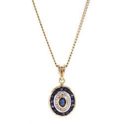 9ct gold sapphire and diamond chip pendant necklace, hallmarked 