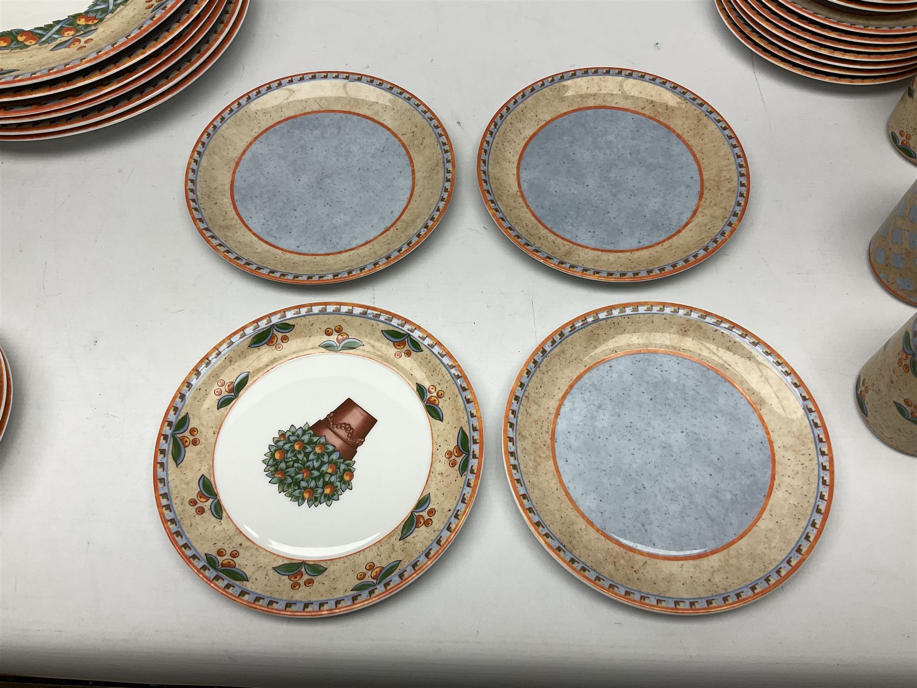 Villeroy & Boch Gallo design Switch 4 Naranja & Nazare pattern tea and dinner wares, to include seven dinner plates, twin handled lidded tureen, five mugs, four saucers, jug, lidded sucrier, large bowl,  seven ramekins, various side plates, two bowls etc