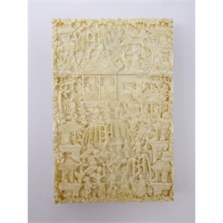  19th century Canton ivory card case, relief carved with figures & Pagodas, 11.5cm x 7.5cm   