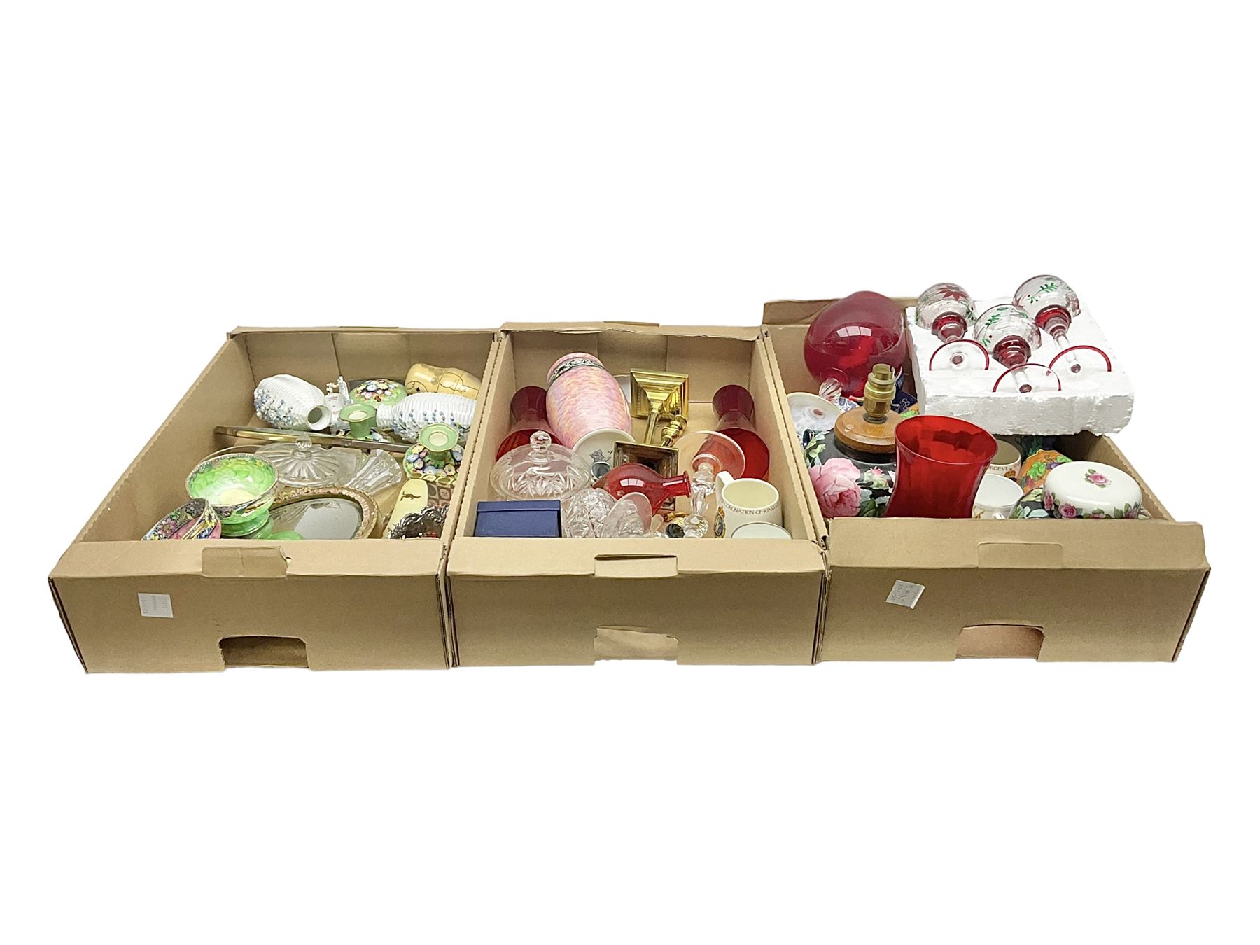 Newhall Boumier Ware vase, two Maling lustre bowlsmParagon George V commemorative cup, collection of ceramics and coloured and cut glassware, etc, in three boxes