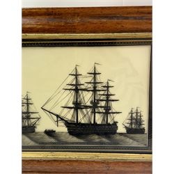 19th century monochrome ship silhouette, reverse painted on glass, within Verre Eglomise border inscribed 'HMS Royal Sovereign 100 Guns Vice Admiral C.Collingwood', in a birds eye maple frame, painting H31cm, W41cm