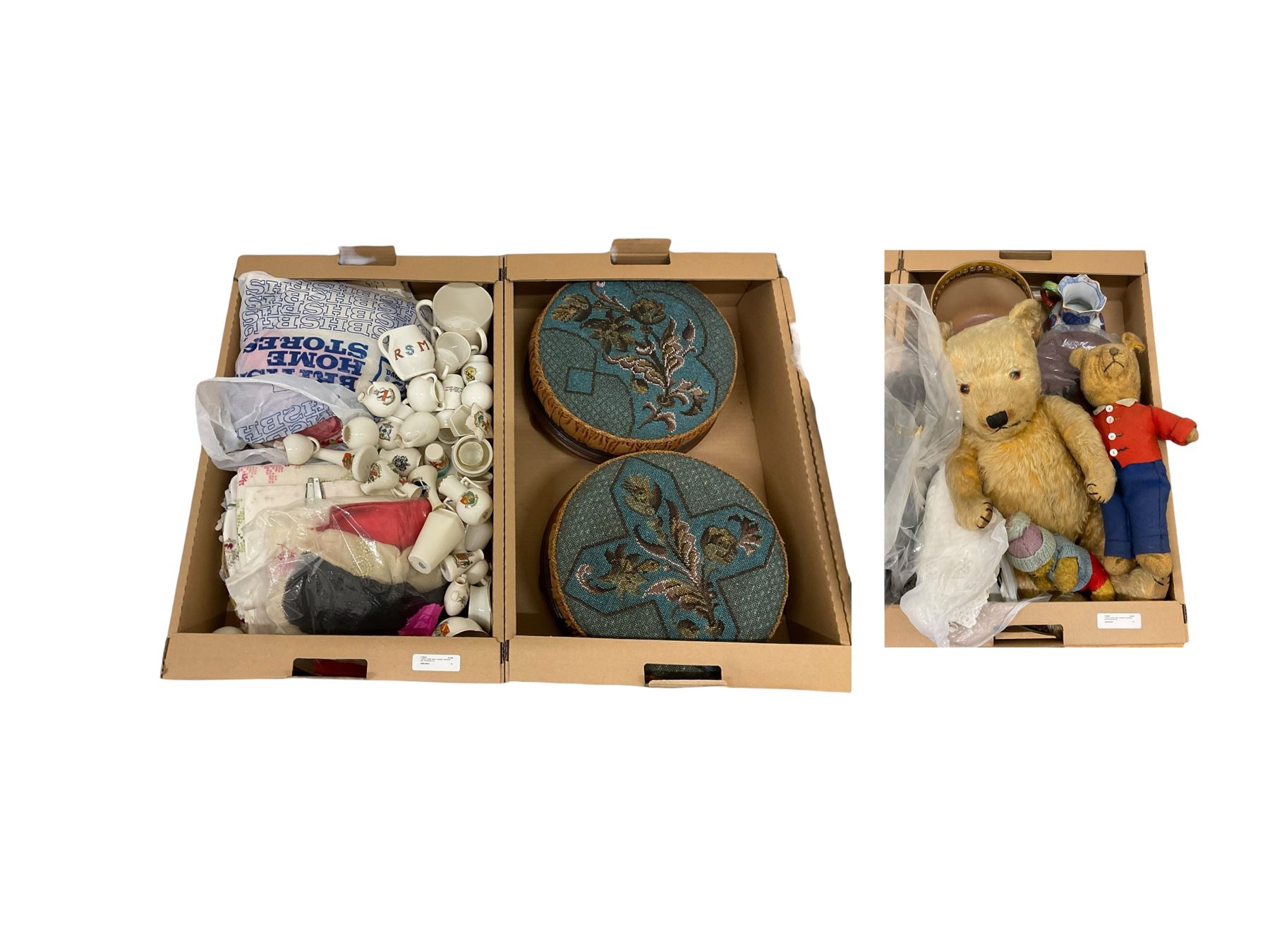 Collection of crested wares, including W.H. Goss examples together with ceramics, truncheon, pair of footstools etc, in three boxes 