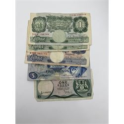 Various Great British banknotes including Bank of England Peppiatt and later one pound notes, three Salmon five pound notes, Salmon ten pound note, Lowther ten pound note, Bailey twenty pound note, Royal Bank of Scotland polymer twenty pound note etc. 