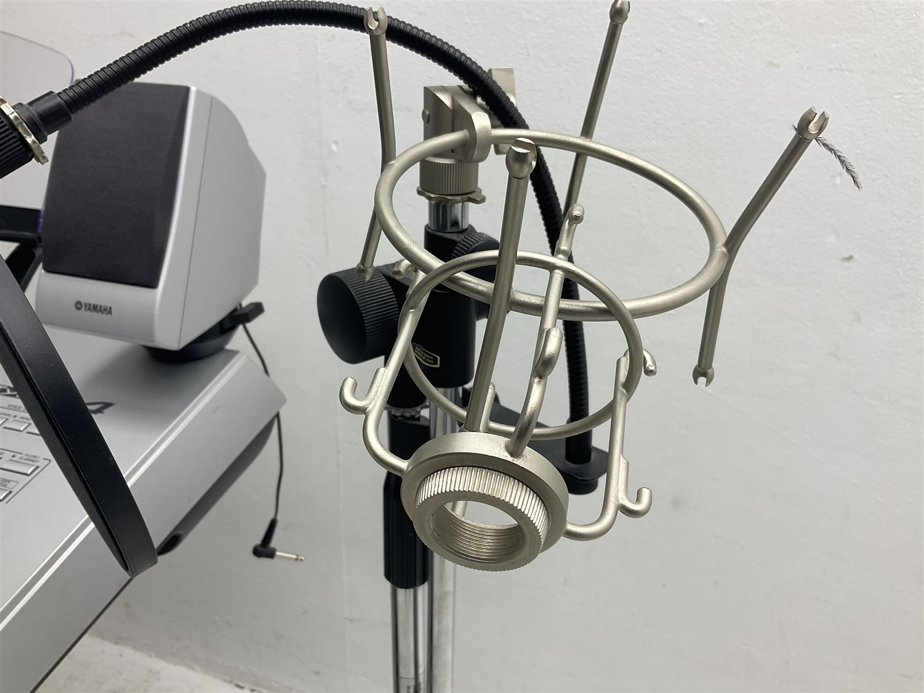 Yamaha Tyros 4 Digital Workstation keyboard with three-piece Option Speaker System TRS-MS04, foot control, various cables and stand; together with a Peavey microphone stand and Shure SM58S microphone