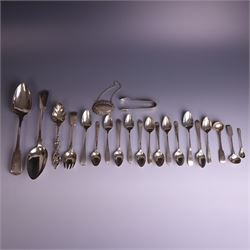 Collection of silver flatware, including pair of George III Fiddle patter table spoons and...