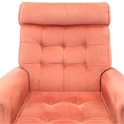 Parker Knoll - mid-century armchair suite, 'Model N30' recliner armchair with headrest and deep buttoned seat and back raised on castors, a wide armchair with deep button back and seat raised on castors, a wingback chair with flared scrolled arms, raised on cabriole supports