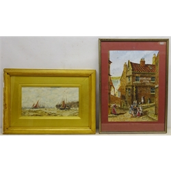 F Woolton (British 20th century): Old Scarborough - The Old Brass Tap and Butter Cross', watercolour signed 40cm x 29cm and Sailing Vessels Coming in from Stormy Seas, watercolour indistinctly signed 17cm x 32cm (2)  